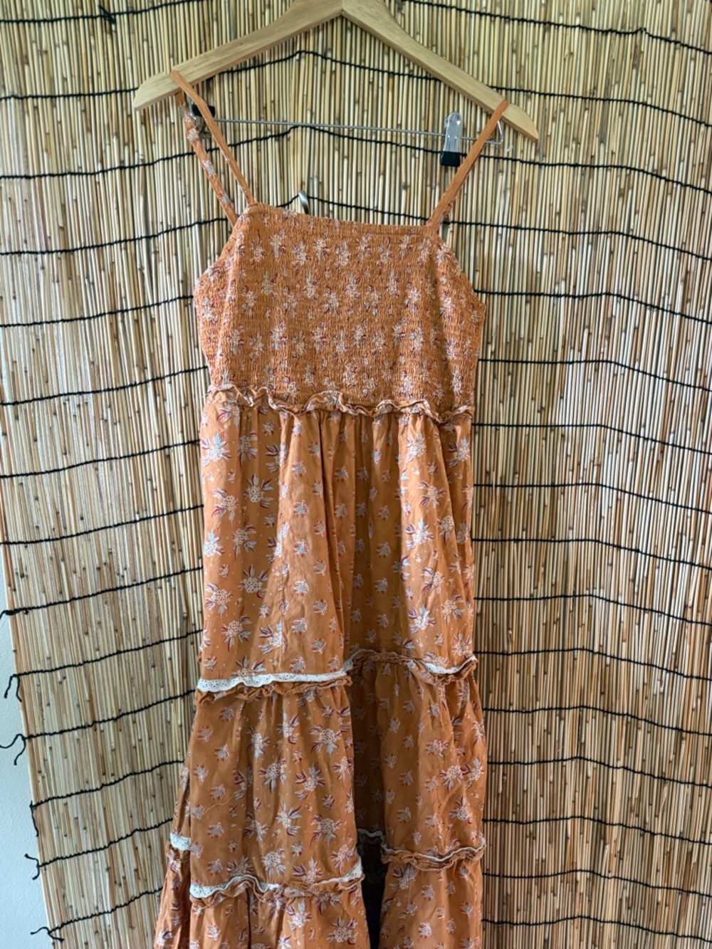 Rust Floral Tiered Maxi Dress with elastic Bodice
It has pockets!!!